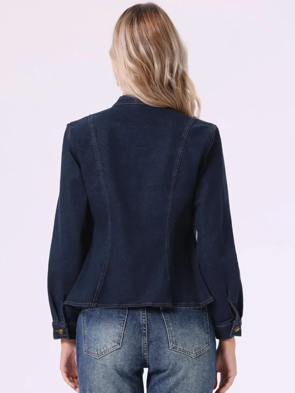Women's Deep Blue Stand Collar Long Sleeve Denim Jackets Flap Chest Pockets